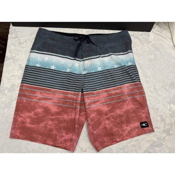 O'Neill Size‎ 38 Heist Red White Blue Stars USA Board Shorts Surf Swim Unlined - Picture 1 of 11
